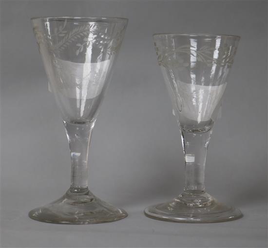 A pair of late 18th century engraved glass wines 11.5cm